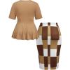 imageSOLY HUX Womens Plus Size Elegant Outfits 2 Piece Short Sleeve Ruffle Tops Plaid Print Bodycon Skirts Office Business SetMocha Brow Multi