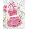 imageSOLY HUX Womens Summer 2 Piece Set Halter Neck Crop Top and Flowy Mini Skirts Beach Vacation OutfitsPlain Pink