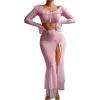 imageSOLY HUX Womens Mesh Sheer Sexy Lingerie Ruffle Long Sleeve Top Split Maxi Skirt with Thong 3 Piece NightwearPure Pink