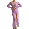 imageSOLY HUX Womens Mesh Sheer Sexy Lingerie Ruffle Long Sleeve Top Split Maxi Skirt with Thong 3 Piece NightwearPure Purple