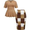 imageSOLY HUX Womens Plus Size Elegant Outfits 2 Piece Short Sleeve Ruffle Tops Plaid Print Bodycon Skirts Office Business SetMocha Brow Multi