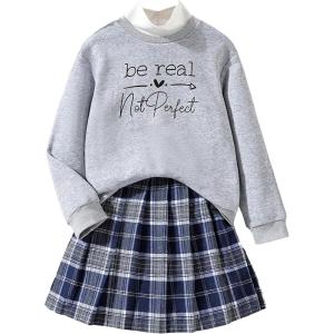 imageSOLY HUX Girls Clothes Plaid Skirts Set Fall Winter 2 Piece Outfits Long Sleeve Sweatshirt and Skater Skirt SetGrey Blue Multi