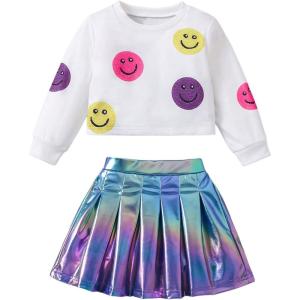 imageSOLY HUX Toddler Girls 2 Piece Outfit Smile Graphic Crew Neck Sweatshirt and Metallic Pleated Mini Skirt SetMulticolor