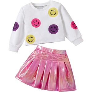 imageSOLY HUX Toddler Girls 2 Piece Outfit Smile Graphic Crew Neck Sweatshirt and Metallic Pleated Mini Skirt SetWhite and Pink