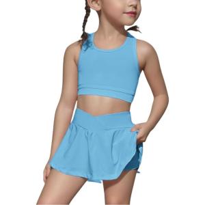 imageSOLY HUX Toddler Girls 2 Piece Workout Outfits Crop Tank Tops and Skort Skirt SetPlain Light Blue