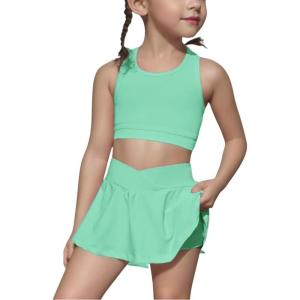 imageSOLY HUX Toddler Girls 2 Piece Workout Outfits Crop Tank Tops and Skort Skirt SetPlain Mint Green