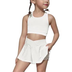 imageSOLY HUX Toddler Girls 2 Piece Workout Outfits Crop Tank Tops and Skort Skirt SetPlain White