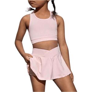 imageSOLY HUX Toddler Girls 2 Piece Workout Outfits Crop Tank Tops and Skort Skirt SetSolid Pink