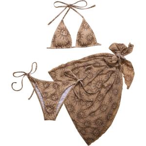 imageSOLY HUX Womens 3 Piece Swimsuits Print Halter Triangle Tie Side Bikini Bathing Suit with Cover Up Beach SkirtBrown