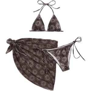 imageSOLY HUX Womens 3 Piece Swimsuits Print Halter Triangle Tie Side Bikini Bathing Suit with Cover Up Beach SkirtChocolate Brown