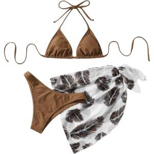imageSOLY HUX Womens 3 Piece Swimsuits Print Halter Triangle Tie Side Bikini Bathing Suit with Cover Up Beach SkirtMocha Brown Tropical