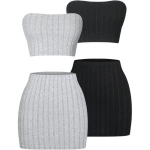 imageSOLY HUX Womens 4 Piece Outfit Ribbed Cropped Tube Top and Bodycon Mini Skirts SetBlack and Grey