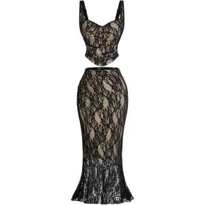 imageSOLY HUX Womens Floral Lace Skirt Set 2 Piece Sleeveless Top and Bodycon Fishtail Skirts Summer Coquette OutfitsBlack and Apricot