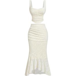 imageSOLY HUX Womens Floral Lace Skirt Set 2 Piece Sleeveless Top and Bodycon Fishtail Skirts Summer Coquette OutfitsPure Apricot