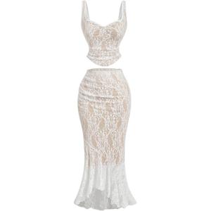 imageSOLY HUX Womens Floral Lace Skirt Set 2 Piece Sleeveless Top and Bodycon Fishtail Skirts Summer Coquette OutfitsPure White