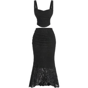 imageSOLY HUX Womens Floral Lace Skirt Set 2 Piece Sleeveless Top and Bodycon Fishtail Skirts Summer Coquette OutfitsSolid Black