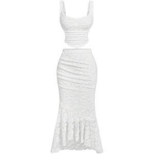 imageSOLY HUX Womens Floral Lace Skirt Set 2 Piece Sleeveless Top and Bodycon Fishtail Skirts Summer Coquette OutfitsSolid White