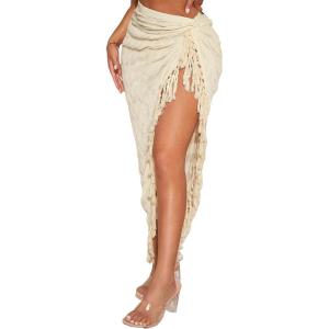 imageSOLY HUX Womens Fringe Trim Asymmetrical Hem Skirt Knot Side Boho Midi SkirtsPure Apricot