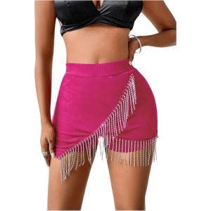 imageSOLY HUX Womens Fringe Trim Wrap High Waist Skort Rhinestone Asymmetrical Hem Skirt ShortsPlain Hotpink