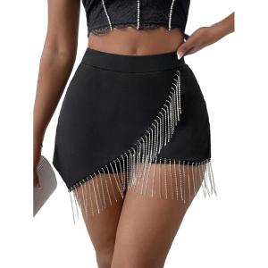 imageSOLY HUX Womens Fringe Trim Wrap High Waist Skort Rhinestone Asymmetrical Hem Skirt ShortsPure Black