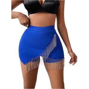 imageSOLY HUX Womens Fringe Trim Wrap High Waist Skort Rhinestone Asymmetrical Hem Skirt ShortsSolid Royal Blue