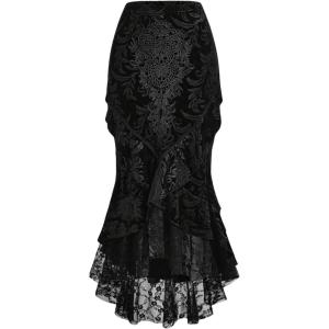 imageSOLY HUX Womens Goth Lace Ruffle Hem Long Skirt High Waist Bodycon Fishtail SkirtsPure Black