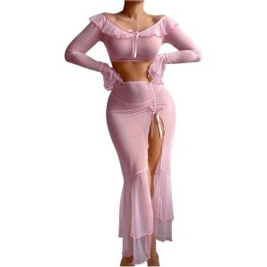 imageSOLY HUX Womens Mesh Sheer Sexy Lingerie Ruffle Long Sleeve Top Split Maxi Skirt with Thong 3 Piece NightwearPure Pink