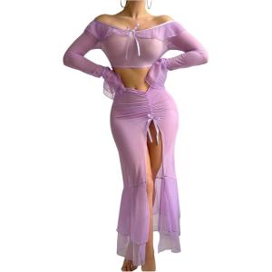imageSOLY HUX Womens Mesh Sheer Sexy Lingerie Ruffle Long Sleeve Top Split Maxi Skirt with Thong 3 Piece NightwearPure Purple