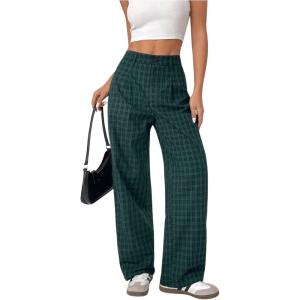 imageSOLY HUX Womens Plaid Pants Gingham High Waisted Baggy Straight Leg Casual Long TrousersArmy Green Plaid
