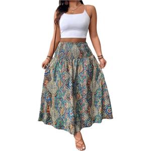 imageSOLY HUX Womens Plus Size Boho Paisley Print Maxi Skirt Shirred High Waisted Ruffle Beach Vacation Flowy SkirtsMulticolor