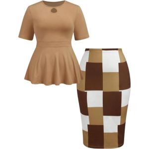 imageSOLY HUX Womens Plus Size Elegant Outfits 2 Piece Short Sleeve Ruffle Tops Plaid Print Bodycon Skirts Office Business SetMocha Brow Multi