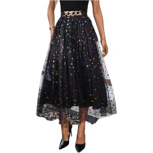 imageSOLY HUX Womens Polka Dots Mesh Tulle Skirt High Waisted Elegant Midi Skirts Party Tutu SkirtsBlack Multi