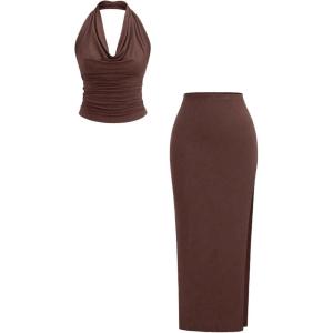 imageSOLY HUX Womens Skirt Outfits Halter Crop Top and Side Slit Bodycon Skirts 2 Piece Cocktail Party ClothesPure Brown