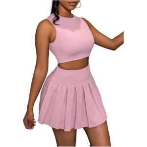 imageSOLY HUX Womens Skirt Set Sleeveless Crop Tank Top and Pleated Mini Skirts 2Pcs Summer OutfitsSolid Pink