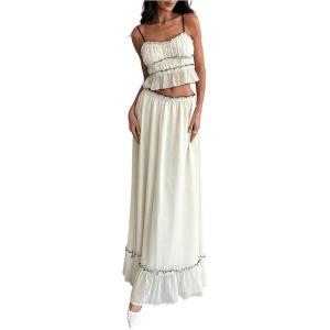 imageSOLY HUX Womens Skirt Sets 2 Piece Outfits Contrast Trim Ruffle Hem Cami Tops and Maxi Skirt Vacation SetPure Apricot