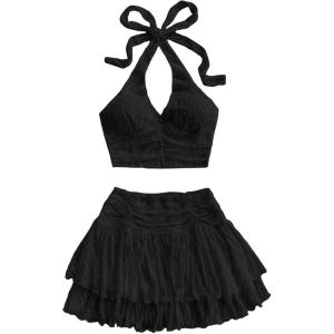 imageSOLY HUX Womens Summer 2 Piece Set Halter Neck Crop Top and Flowy Mini Skirts Beach Vacation OutfitsPlain Black