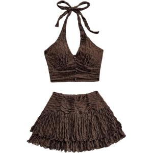 imageSOLY HUX Womens Summer 2 Piece Set Halter Neck Crop Top and Flowy Mini Skirts Beach Vacation OutfitsPlain Brown