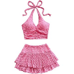 imageSOLY HUX Womens Summer 2 Piece Set Halter Neck Crop Top and Flowy Mini Skirts Beach Vacation OutfitsPlain Pink