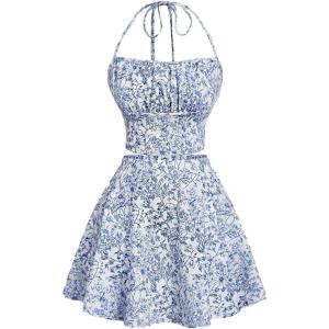imageSOLY HUX Womens Summer Outfit Floral Print Halter Crop Top Flowy Skirts Vacation Beach 2 Piece SetBlue and White