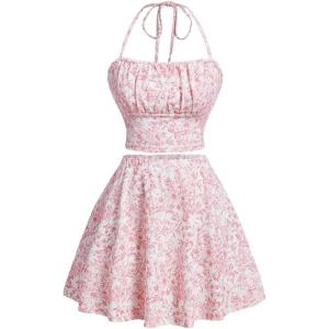 imageSOLY HUX Womens Summer Outfit Floral Print Halter Crop Top Flowy Skirts Vacation Beach 2 Piece SetPink and White