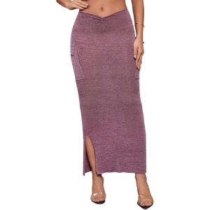 imageSOLY HUX Womens Y2K Skirt Long Split Solid Maxi Casual Pencil Bodycon Skirts Cargo Skirt with PocketsPlain Burgundy