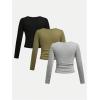 imageSOLY HUX 3 Pack Girls Long Sleeve Shirts V Neck Basic TShirts Ruched Tops Spring Fall Layering Tees 812 YearsBlack Army Green Grey