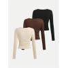 imageSOLY HUX Girls Long Sleeve T Shirts 3 Packs Crewneck Fall Tees Ruched Fitted Tee Shirt TopsKhaki Brown Black