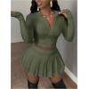 imageSOLY HUX Womens Skirt Sets 2 Piece Outfits Long Sleeve Crop Top with Pleated Mini Skirt Set Party Outfits for WomenArmy Green