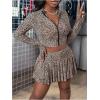 imageSOLY HUX Womens Skirt Sets 2 Piece Outfits Long Sleeve Crop Top with Pleated Mini Skirt Set Party Outfits for WomenBrown Leopard