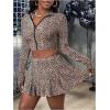 imageSOLY HUX Womens Skirt Sets 2 Piece Outfits Long Sleeve Crop Top with Pleated Mini Skirt Set Party Outfits for WomenBrown Leopard