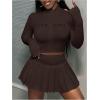 imageSOLY HUX Womens Skirt Sets 2 Piece Outfits Long Sleeve Crop Top with Pleated Mini Skirt Set Party Outfits for WomenBrown Letter