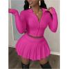 imageSOLY HUX Womens Skirt Sets 2 Piece Outfits Long Sleeve Crop Top with Pleated Mini Skirt Set Party Outfits for WomenHot Pink
