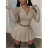imageSOLY HUX Womens Skirt Sets 2 Piece Outfits Long Sleeve Crop Top with Pleated Mini Skirt Set Party Outfits for WomenLight Grey