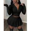 imageSOLY HUX Womens Skirt Sets 2 Piece Outfits Long Sleeve Crop Top with Pleated Mini Skirt Set Party Outfits for WomenPlain Black
